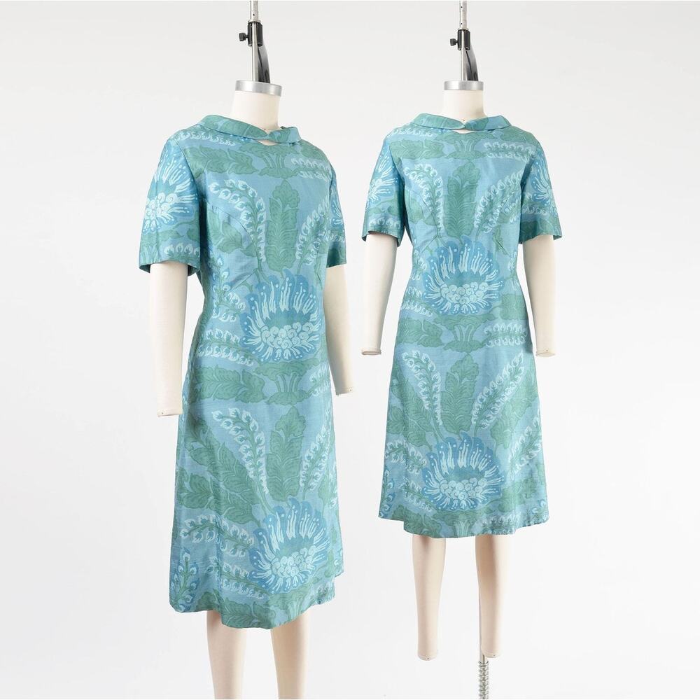 Vintage 60s Blue Green Silk Floral Mod Retro Collared Shift Dress M